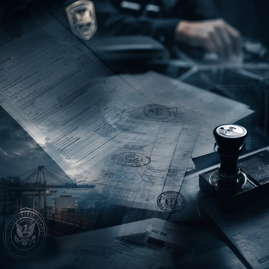 US customs compliance documents with official seals